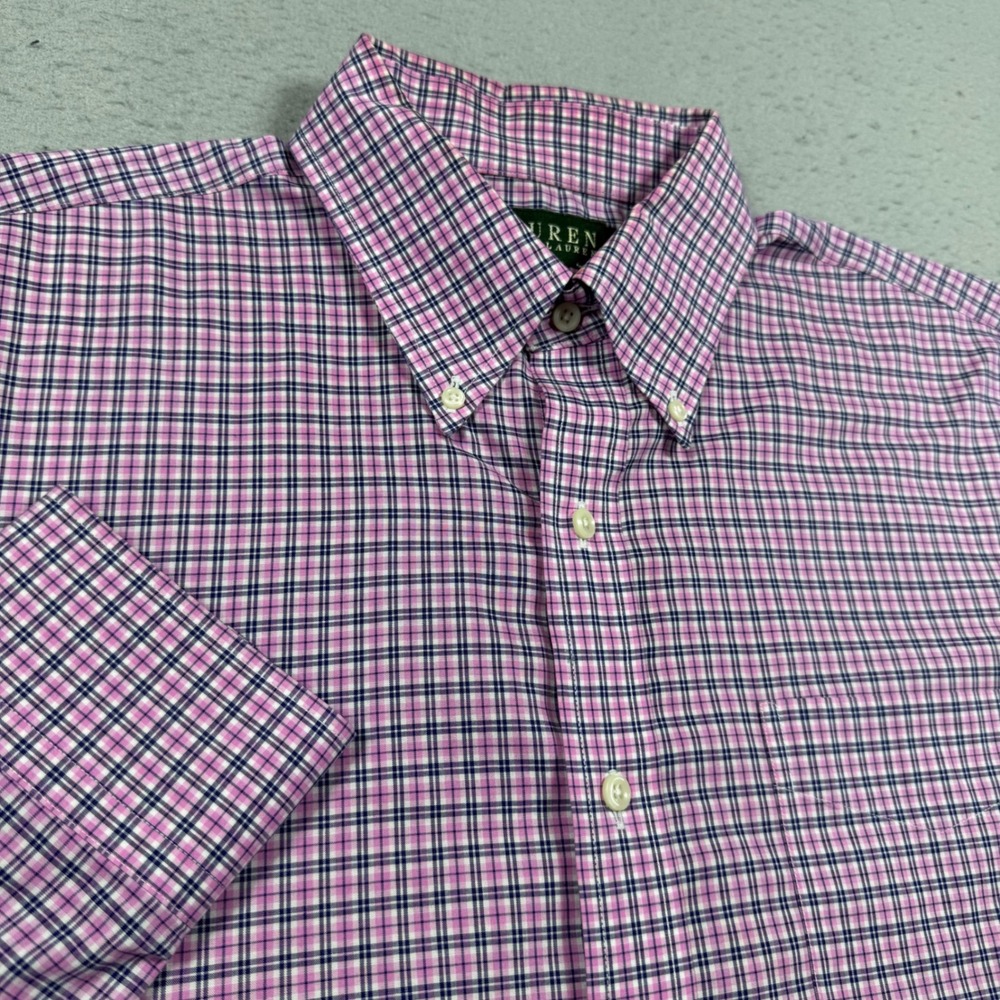 Lauren Ralph Lauren Mens Classic Fit Non Iron Plaid Button Down Shirt Pink Navy